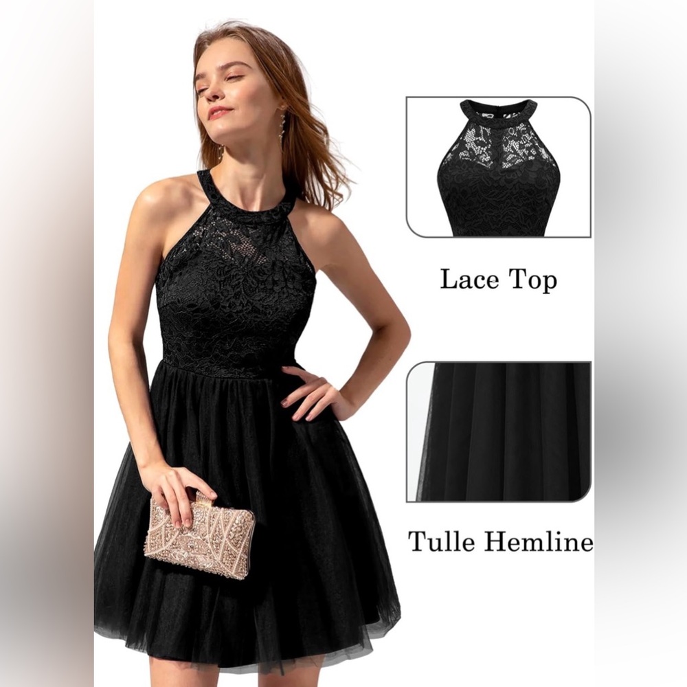 Sz XS Dressystar women’s halter tuile short black dress Sparkly Party knee NWT - Picture 3 of 10